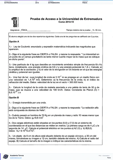 Vista previa de Examen PAU de Física de Extremadura 2015 – Extraordinaria