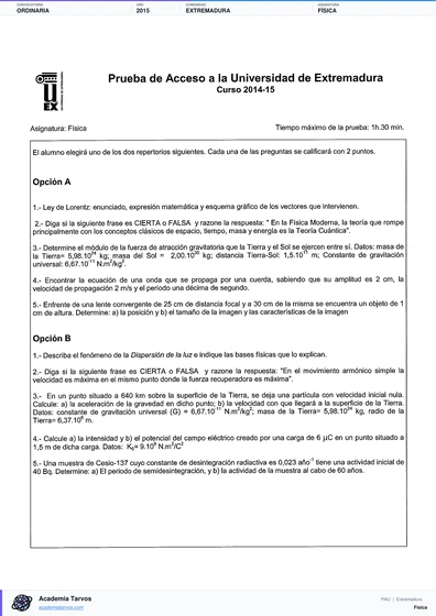 Vista previa de Examen PAU de Física de Extremadura 2015 – Ordinaria