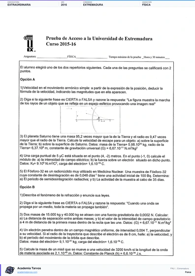 Vista previa de Examen PAU de Física de Extremadura 2016 – Extraordinaria
