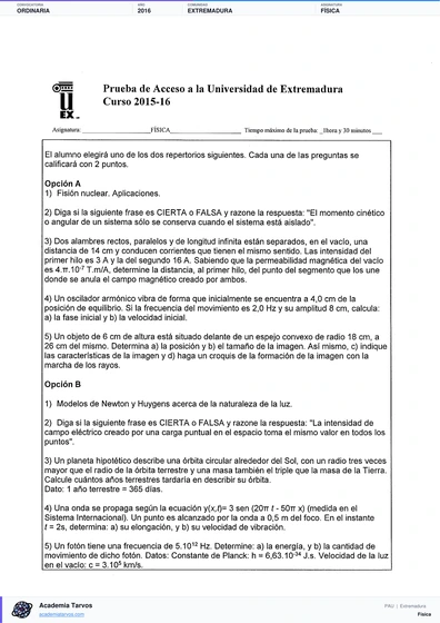 Vista previa de Examen PAU de Física de Extremadura 2016 – Ordinaria