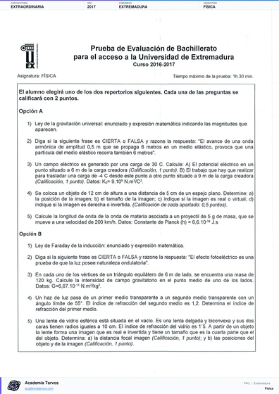 Vista previa de Examen PAU de Física de Extremadura 2017 – Extraordinaria
