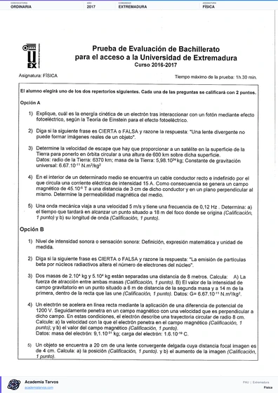 Vista previa de Examen PAU de Física de Extremadura 2017 – Ordinaria