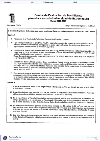 Vista previa de Examen PAU de Física de Extremadura 2018 – Ordinaria