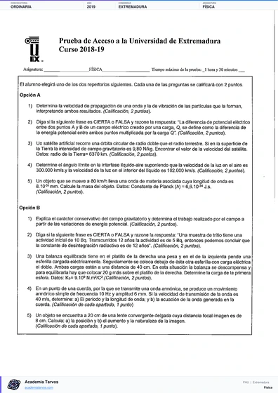 Vista previa de Examen PAU de Física de Extremadura 2019 – Ordinaria