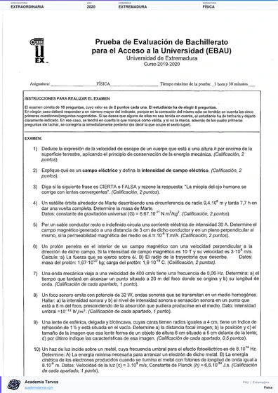 Vista previa de Examen PAU de Física de Extremadura 2020 – Extraordinaria
