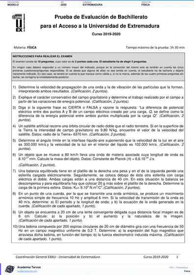 Vista previa de Modelo PAU de Física de Extremadura 2020