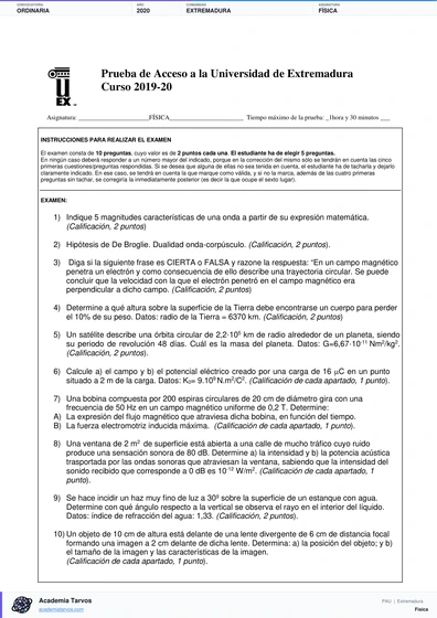 Vista previa de Examen PAU de Física de Extremadura 2020 – Ordinaria