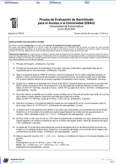 Vista previa de Examen PAU de Física de Extremadura 2023 – Extraordinaria