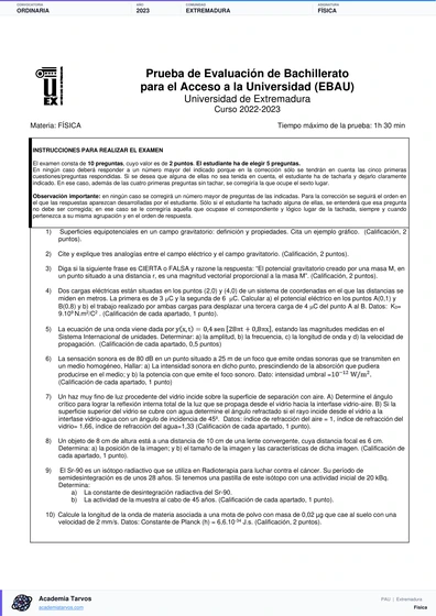 Vista previa de Examen PAU de Física de Extremadura 2023 – Ordinaria