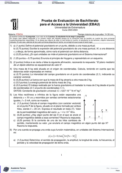 Vista previa de Examen PAU de Física de Extremadura 2024 – Extraordinaria
