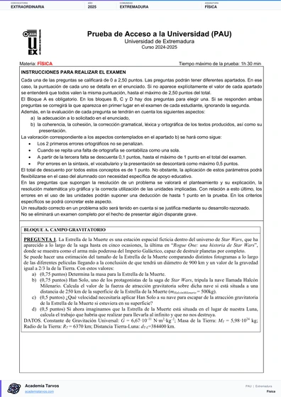 Vista previa de Examen PAU de Física de Extremadura 2025 – Extraordinaria