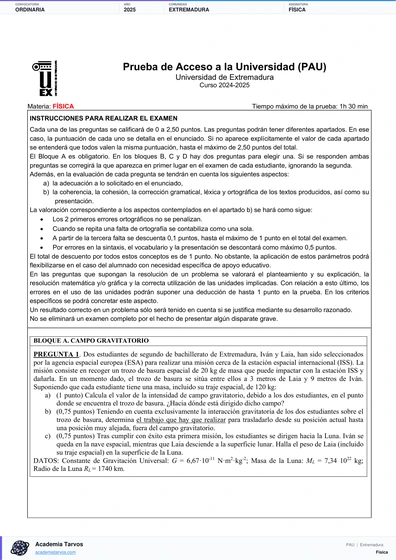 Vista previa de Examen PAU de Física de Extremadura 2025 – Ordinaria