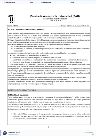 Vista previa de Examen PAU de Física de Extremadura 2026 – Extraordinaria