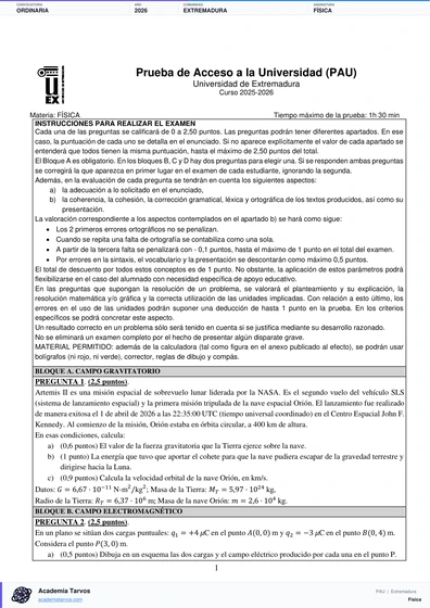 Vista previa de Examen PAU de Física de Extremadura 2026 – Ordinaria