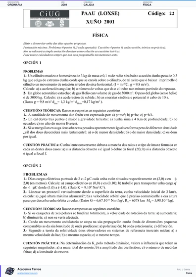 Vista previa de Examen PAU de Física de Galicia 2001 – Ordinaria