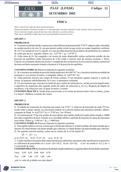 Vista previa de Examen PAU de Física de Galicia 2002 – Extraordinaria