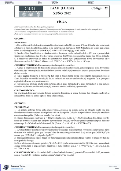Vista previa de Examen PAU de Física de Galicia 2002 – Ordinaria
