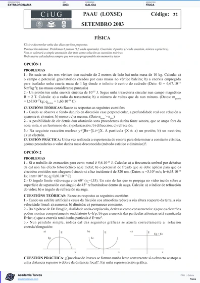 Vista previa de Examen PAU de Física de Galicia 2003 – Extraordinaria
