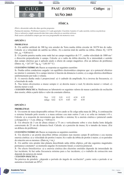 Vista previa de Examen PAU de Física de Galicia 2003 – Ordinaria