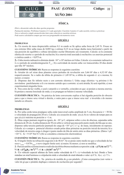 Vista previa de Examen PAU de Física de Galicia 2004 – Ordinaria