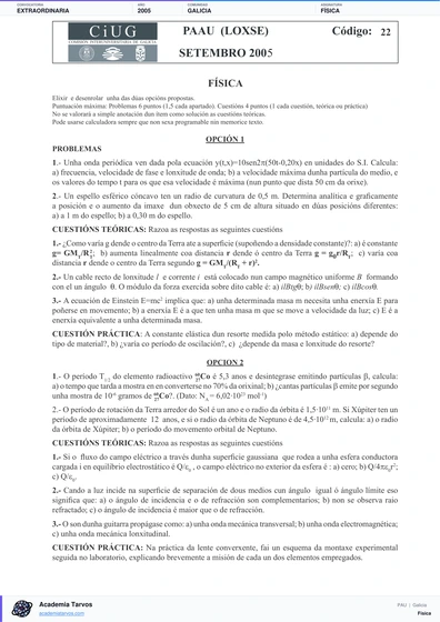 Vista previa de Examen PAU de Física de Galicia 2005 – Extraordinaria