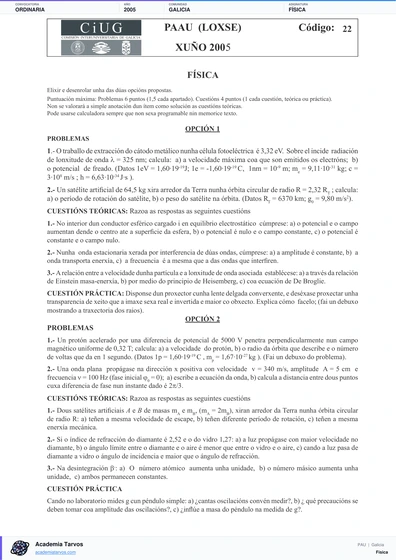 Vista previa de Examen PAU de Física de Galicia 2005 – Ordinaria