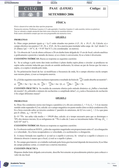 Vista previa de Examen PAU de Física de Galicia 2006 – Extraordinaria