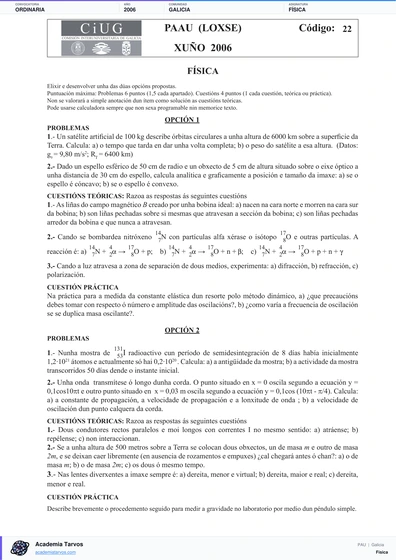 Vista previa de Examen PAU de Física de Galicia 2006 – Ordinaria