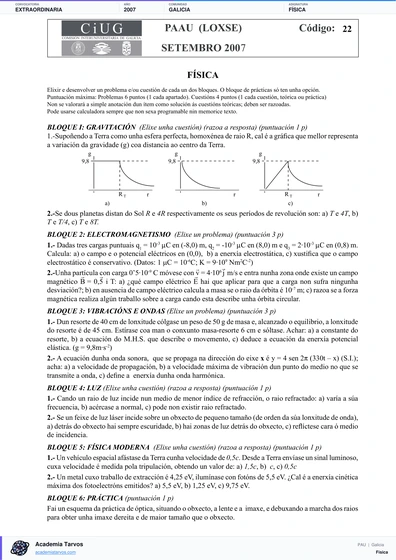 Vista previa de Examen PAU de Física de Galicia 2007 – Extraordinaria
