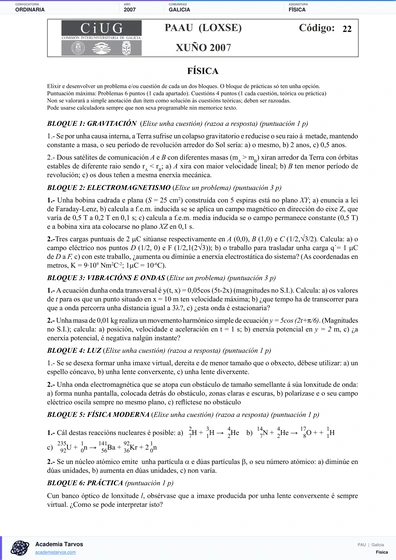 Vista previa de Examen PAU de Física de Galicia 2007 – Ordinaria