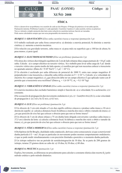 Vista previa de Examen PAU de Física de Galicia 2008 – Ordinaria