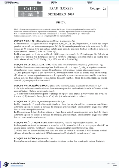 Vista previa de Examen PAU de Física de Galicia 2009 – Extraordinaria