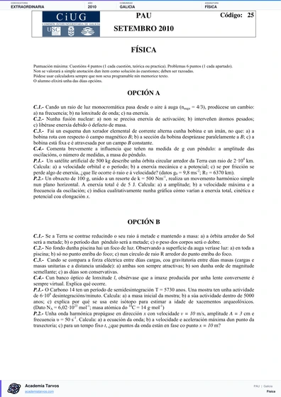Vista previa de Examen PAU de Física de Galicia 2010 – Extraordinaria
