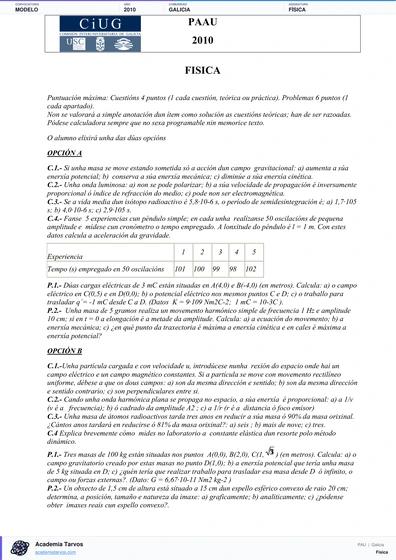 Vista previa de Modelo PAU de Física de Galicia 2010