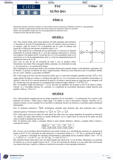 Vista previa de Examen PAU de Física de Galicia 2011 – Ordinaria