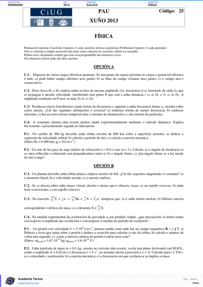 Vista previa de Examen PAU de Física de Galicia 2013 – Ordinaria