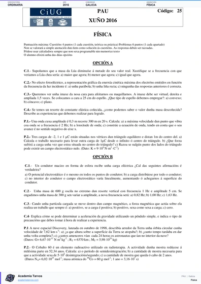 Vista previa de Examen PAU de Física de Galicia 2016 – Ordinaria