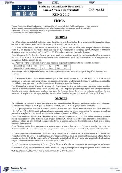 Vista previa de Examen PAU de Física de Galicia 2017 – Ordinaria