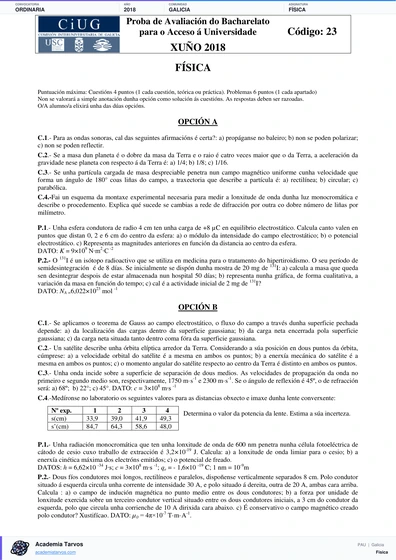 Vista previa de Examen PAU de Física de Galicia 2018 – Ordinaria