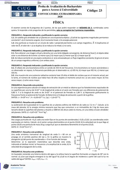 Vista previa de Examen PAU de Física de Galicia 2020 – Extraordinaria