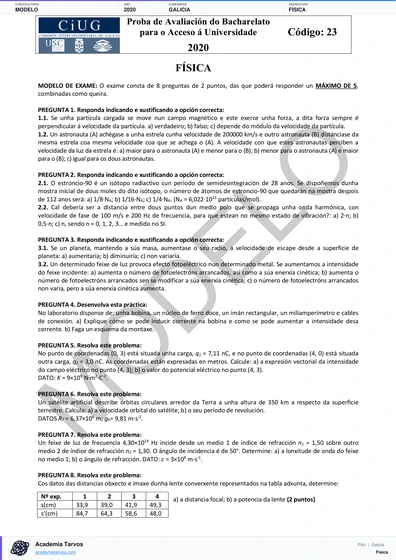 Vista previa de Modelo PAU de Física de Galicia 2020