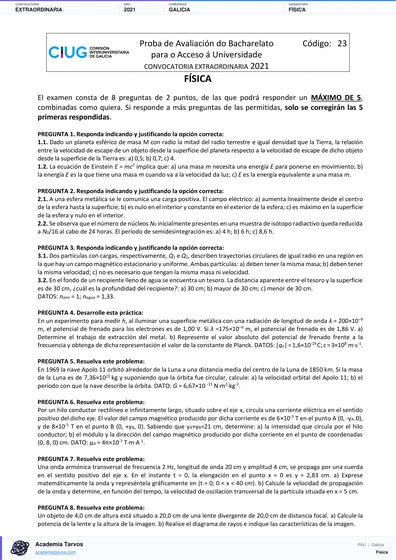 Vista previa de Examen PAU de Física de Galicia 2021 – Extraordinaria