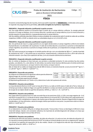Vista previa de Examen PAU de Física de Galicia 2021 – Ordinaria