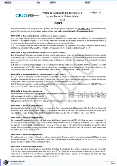 Vista previa de Modelo PAU de Física de Galicia 2022