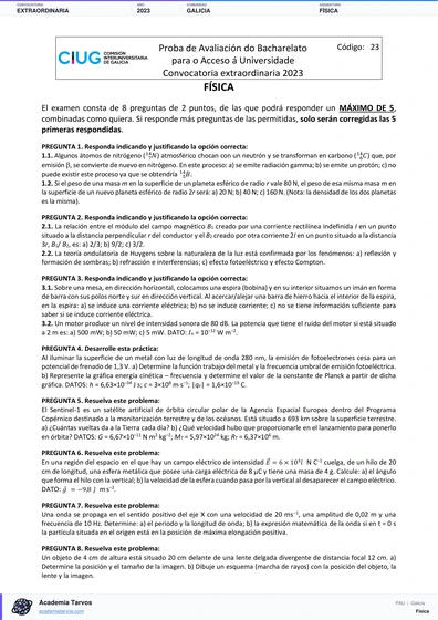 Vista previa de Examen PAU de Física de Galicia 2023 – Extraordinaria