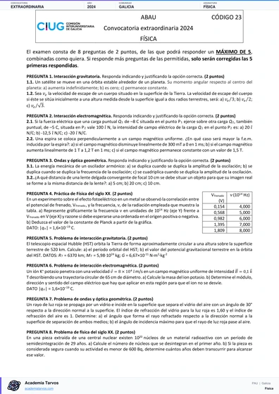 Vista previa de Examen PAU de Física de Galicia 2024 – Extraordinaria