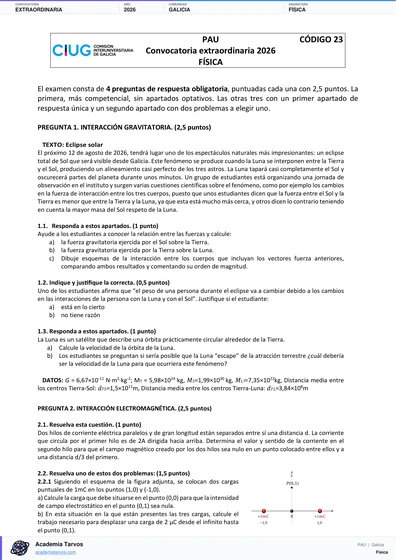 Vista previa de Examen PAU de Física de Galicia 2026 – Extraordinaria