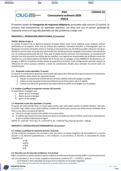 Vista previa de Examen PAU de Física de Galicia 2026 – Ordinaria