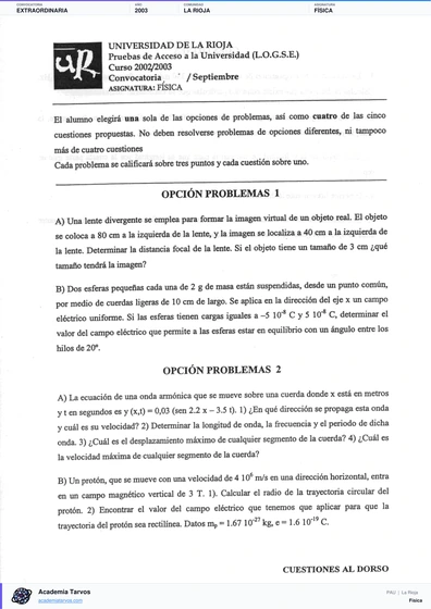 Vista previa de Examen PAU de Física de La Rioja 2003 – Extraordinaria