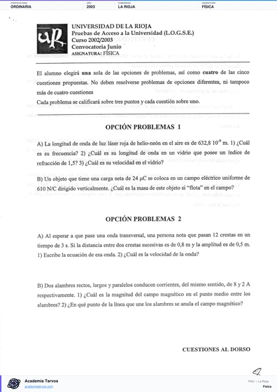 Vista previa de Examen PAU de Física de La Rioja 2003 – Ordinaria